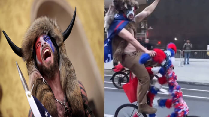 The viral clip of the QAnon Shaman falling off a cycle