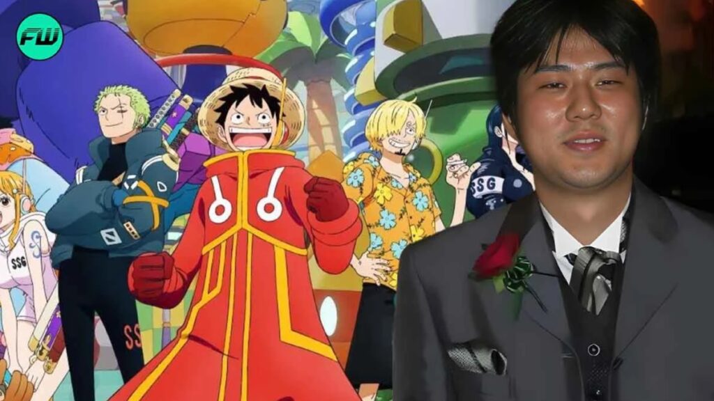Eiichiro Oda with One Piece poster